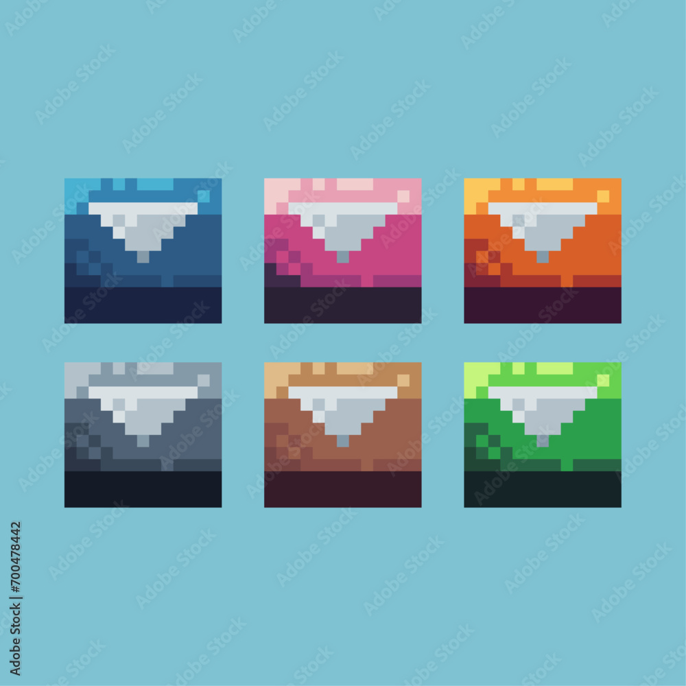 Poster pixel art sets of down button icon with variation color item asset. down button icon on pixelated st