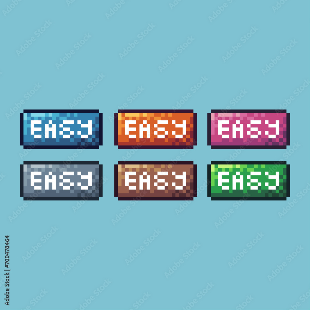 Poster pixel art sets of easy button icon with variation color item asset.easy button icon on pixelated sty