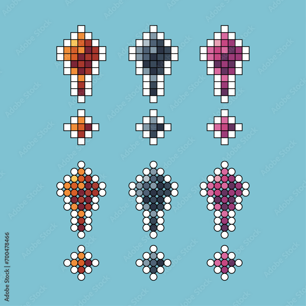 Poster pixel art stroke sets of exclamation mark icon with variation color item asset. exclamation mark ico
