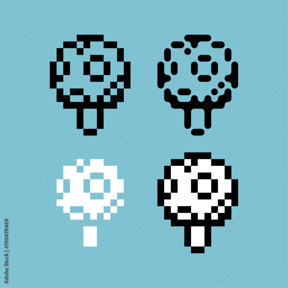 Poster pixel art outline sets of muhsroom icon with variation color item asset. muhsroom icon on pixelated 