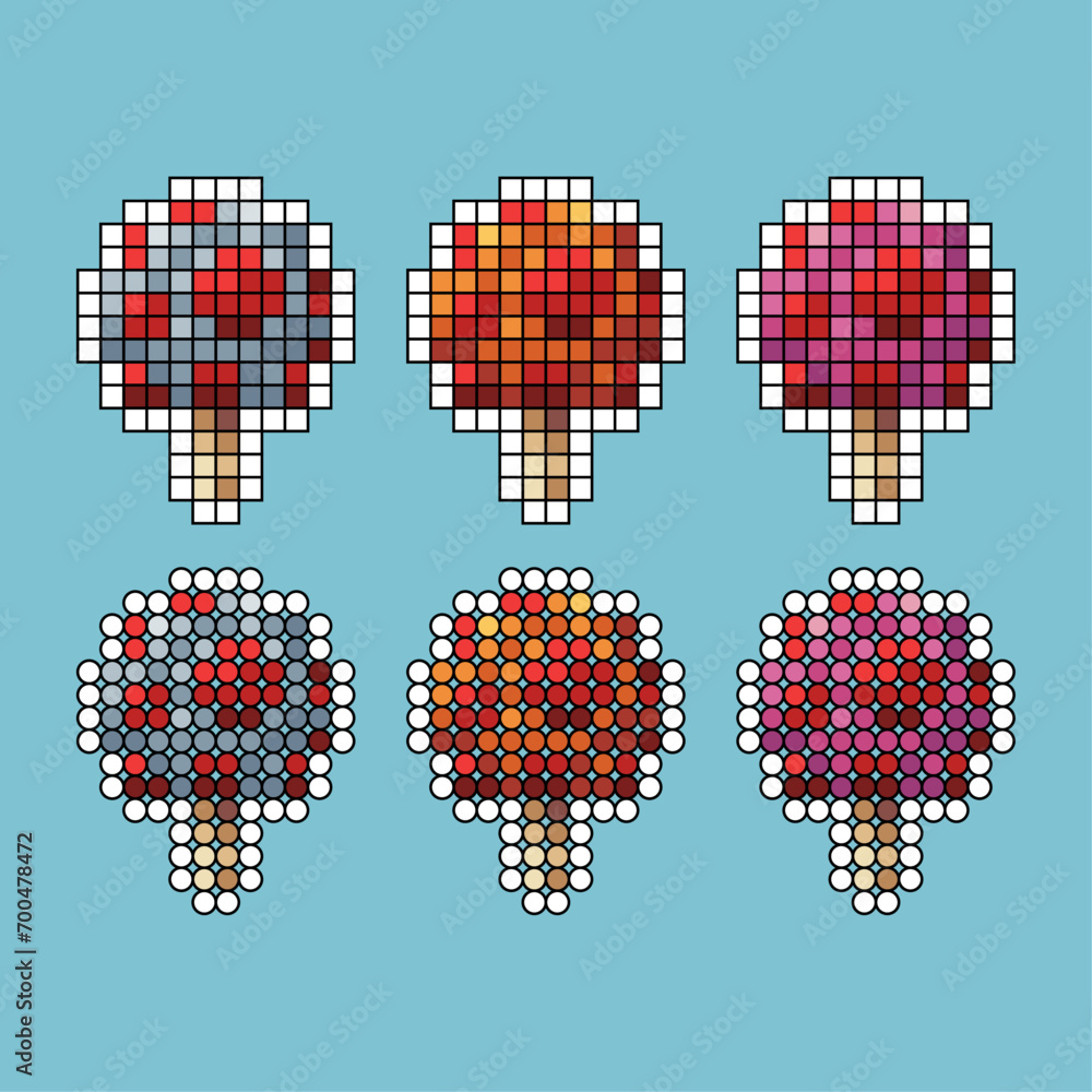 Poster pixel art stroke sets of muhsroom icon with variation color item asset. muhsroom icon on pixelated s