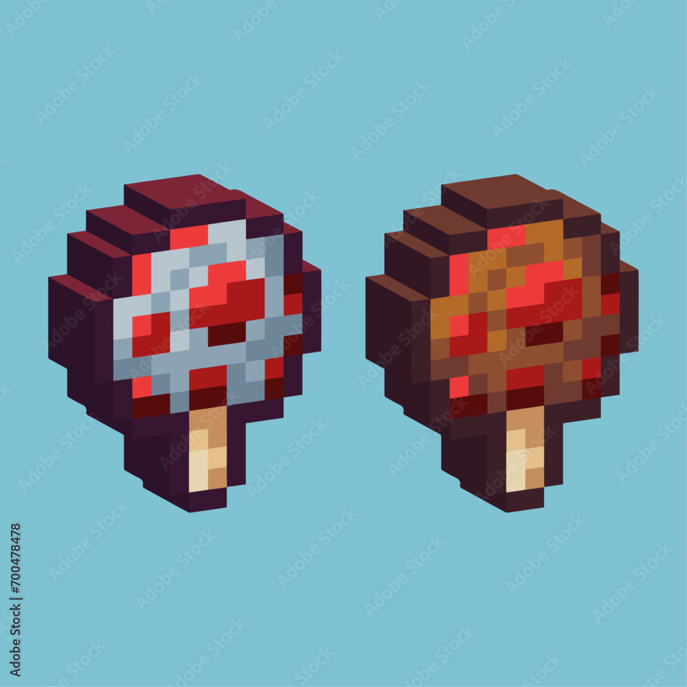 Poster isometric pixel art 3d of mushroom icon for items asset. mushroom icon on pixelated style.8bits perf