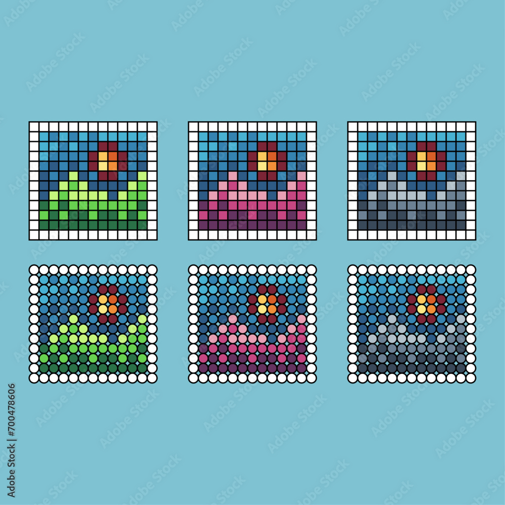 Poster pixel art stroke sets of painting icon with variation color item asset. painting icon on pixelated s