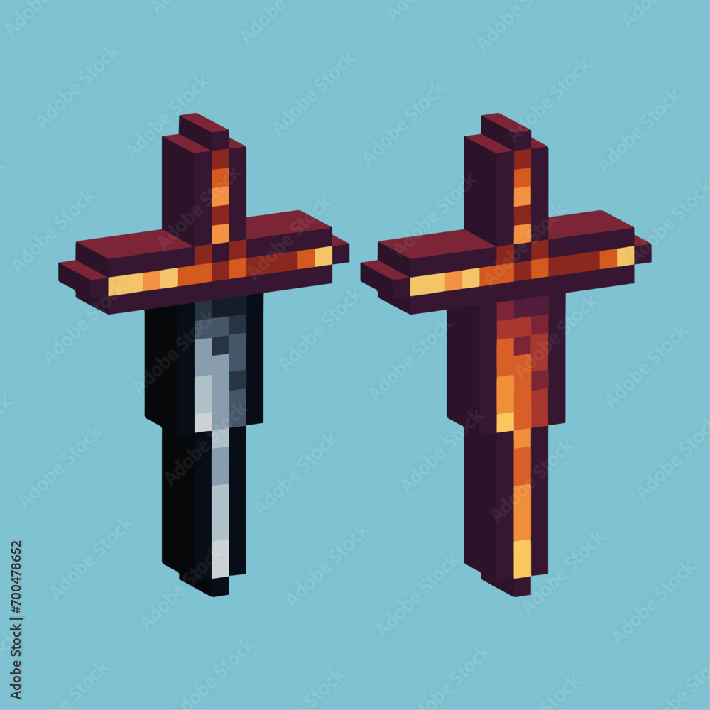 Poster isometric pixel art 3d of sword icon for items asset. swordicon on pixelated style.8bits perfect for