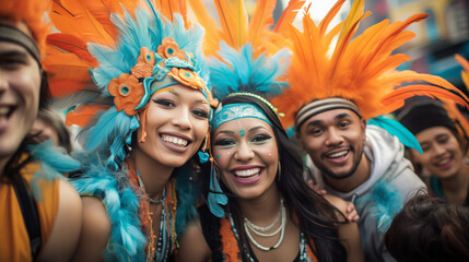 Group of joyful people celebrating at a carnival, wearing colorful feathered headdresses. - obrazy, fototapety, plakaty