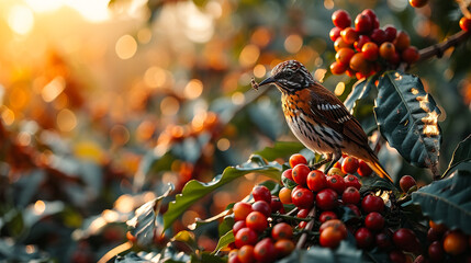 lots of coffee fruit trees and birds perched, red ripe fruit in the forest - obrazy, fototapety, plakaty
