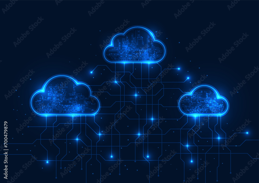 Poster cloud technology background cloud storage system cyber processing together via internet signals clou
