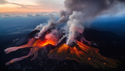 Volcano eruption with lava flow in dark. Lava descends on the volcano