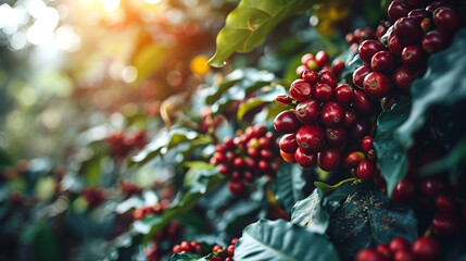lots of coffee fruit trees, red ripe fruit in the forest - obrazy, fototapety, plakaty