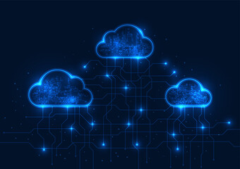 Cloud technology background cloud storage system cyber processing together via internet signals Clouds connected by technological circuits