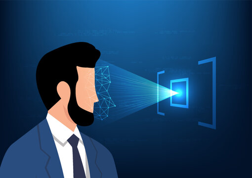 Cyber security technology Access to information that requires a person to identify themselves to important information by displaying their facial features. A man having his face scanned beam of light