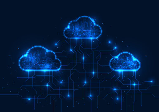 Cloud technology background cloud storage system cyber processing together via internet signals Clouds connected by technological circuits