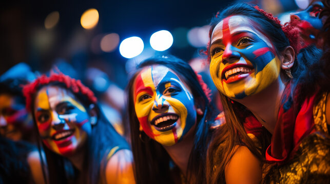 Group of people with tribal face paint in warm lighting, evoking a vibrant, cultural atmosphere.