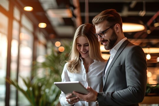 Two happy professional business woman and man workers working using digital tablet tech discussing financial market data standing at corporate office meeting. generative AI