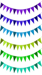 Set of blue green magenta purple turquoise plain classic pennant bunting garland chain on transparent background cutout, PNG file. Mockup template for artwork design. Colour collection