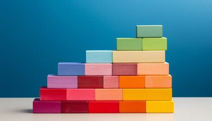 Fototapeta premium Spectrum of stacked multi-colored wooden blocks on blue background