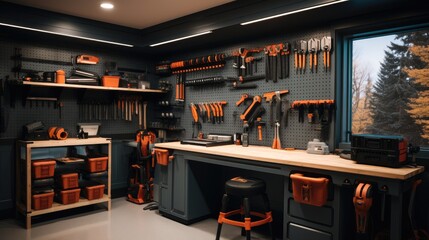 A tool room with a bar for tools in a gray color. Generative AI.