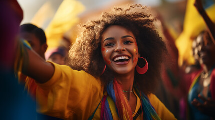 Group of joyful friends with yellow paint on faces celebrating at a festival, embodying happiness and unity. - obrazy, fototapety, plakaty