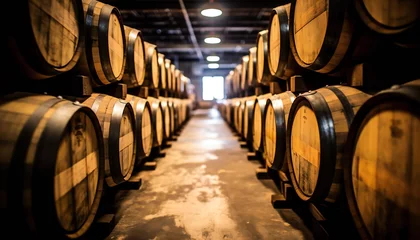 Fotobehang Wooden barrels with whiskey in a dark basement © kilimanjaro 