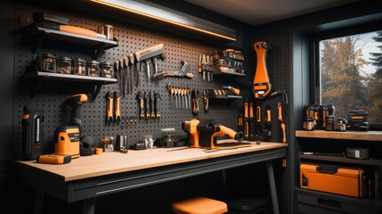 A tool room with a bar for tools in a gray color. Generative AI. - obrazy, fototapety, plakaty
