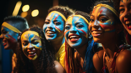 Group of joyful friends with yellow paint on faces celebrating at a festival, embodying happiness and unity.Group of joyful friends with yellow paint on faces celebrating at a festival. - obrazy, fototapety, plakaty