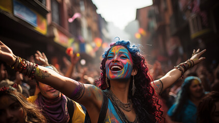 Woman in vibrant carnival costume with feather headdress and face paint, embodying festive spirit.