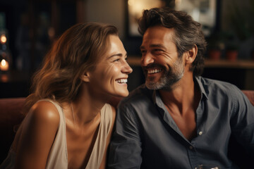 Naklejka premium Husband and wife were sitting on the sofa, Laughing and happy. Generative AI.