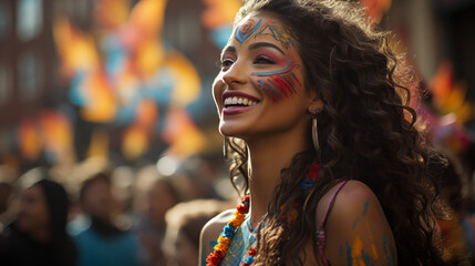 Joyful woman with face paint celebrating at a vibrant street festival.