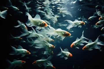 A flock of turquoise fish in dark water. Generative AI.