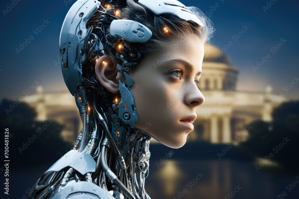 Poster artificial intelligence mixing with our education system and teaching children. generative ai.