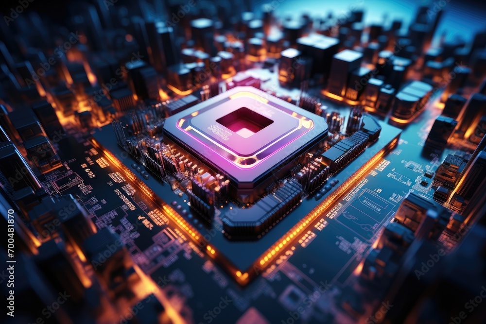 Poster computer cpu, big cpu in the middle surrounded by colorful wires, modern futuristic colorful. genera