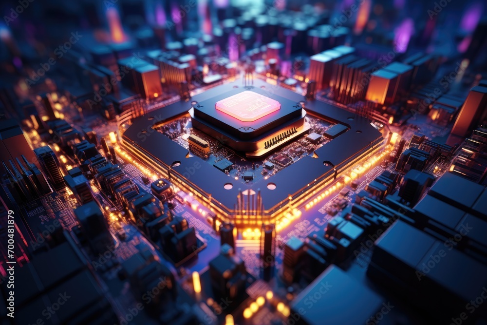 Poster computer cpu, big cpu in the middle surrounded by colorful wires, modern futuristic colorful. genera