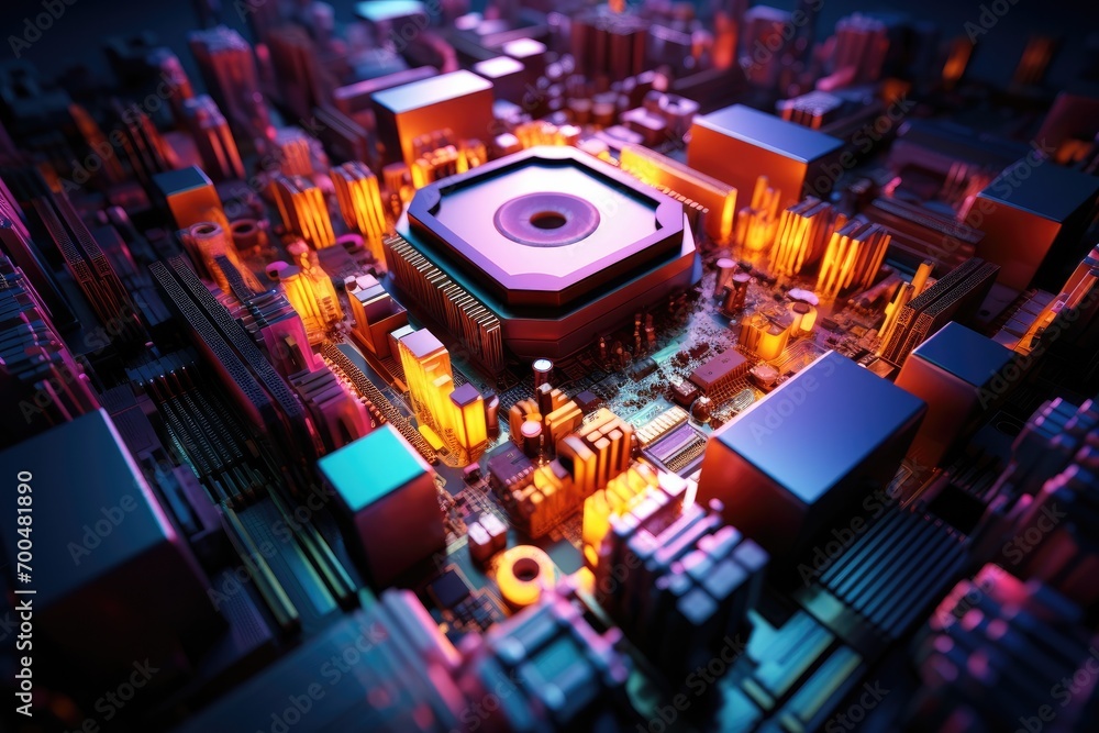 Poster computer cpu, big cpu in the middle surrounded by colorful wires, modern futuristic colorful. genera