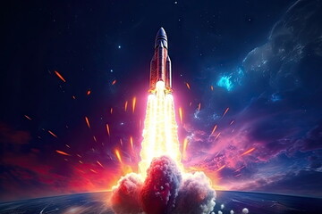 Rocket flying up into out space, galaxy background