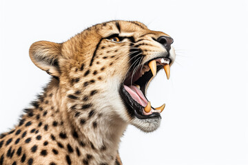 Obraz premium Cheetah roaring close-up portrait on a white background.