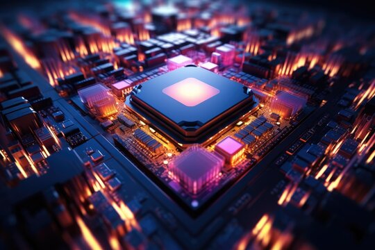 Computer cpu, Big cpu in the middle surrounded by colorful wires, Modern futuristic colorful. Generative AI.