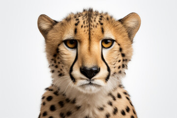 Cheetah close-up portrait on a white background.