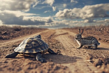 Turtle and rabbit on race track. Concept compete for success. Generative AI.