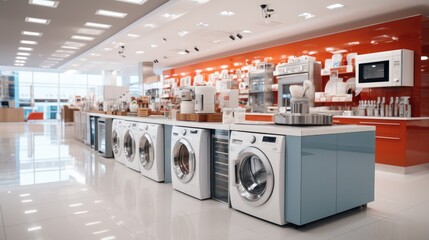 Home appliance shop with white walls and floors. Generative AI.