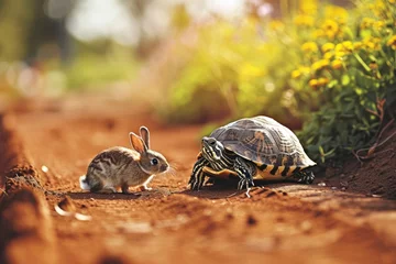 Foto op Aluminium Turtle and rabbit on race track. Concept compete for success. Generative AI. © Dusit
