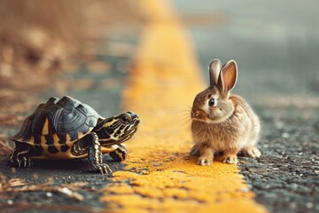 Turtle and rabbit on race track. Concept compete for success. Generative AI. - obrazy, fototapety, plakaty