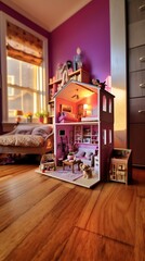 a doll house with a dog in the corner