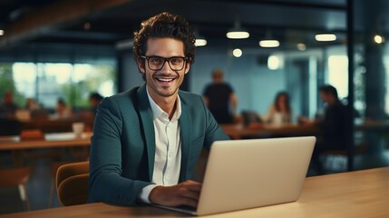 Eyeglasses male office worker laptop portrait image copy space