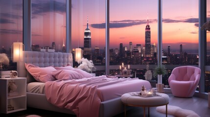 A bedroom decorated in pink and grey with a view of a city. Generative AI.