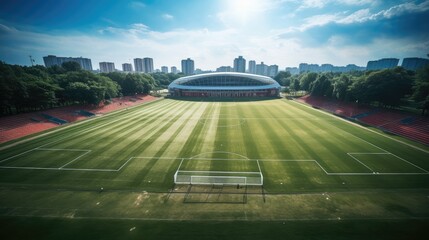 Aerial view the football field. Generative AI. - obrazy, fototapety, plakaty