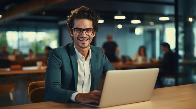 Eyeglasses male office worker laptop portrait image copy space