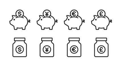 Piggy bank and money jar icon set Currency variations: Japanese yen, dollar, euro, pound Variable line width