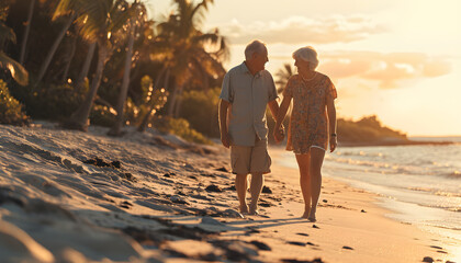 Happy senior man and woman old retired couple walking and holding hands on a beach