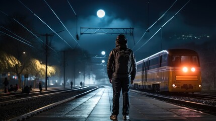 Lone traveler man waiting for a train at the train station at night. Generative AI. - Powered by Adobe