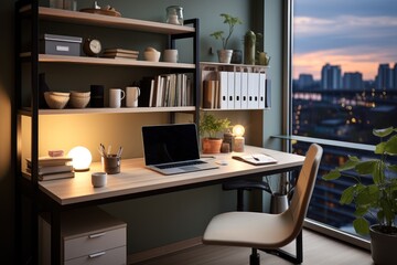 Home Office Setup, A well-organized home office with a sleek desk and computer. Generative AI.